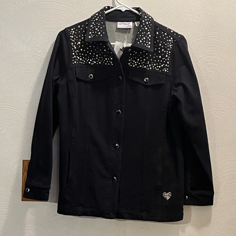 NWT Quacker Factory Black Knit Denim Style Embellished Women’s Jacket. Size XXS.